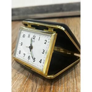 Vintage ELGIN Folding Travel Alarm Clock Gold Tone Case Japan Mid-Century Modern